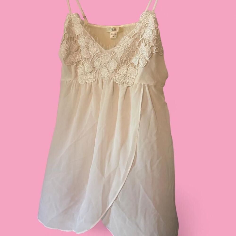Flora White Floral Lace Mesh Babydoll Chemise Slip Sz L